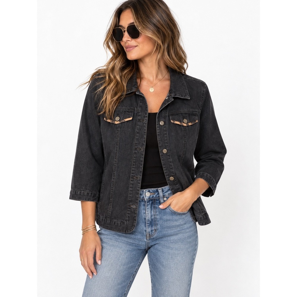 Chico's Black Denim Jacket Animal Print Trim Button Front 3/4 Sleeve Size 3 XL